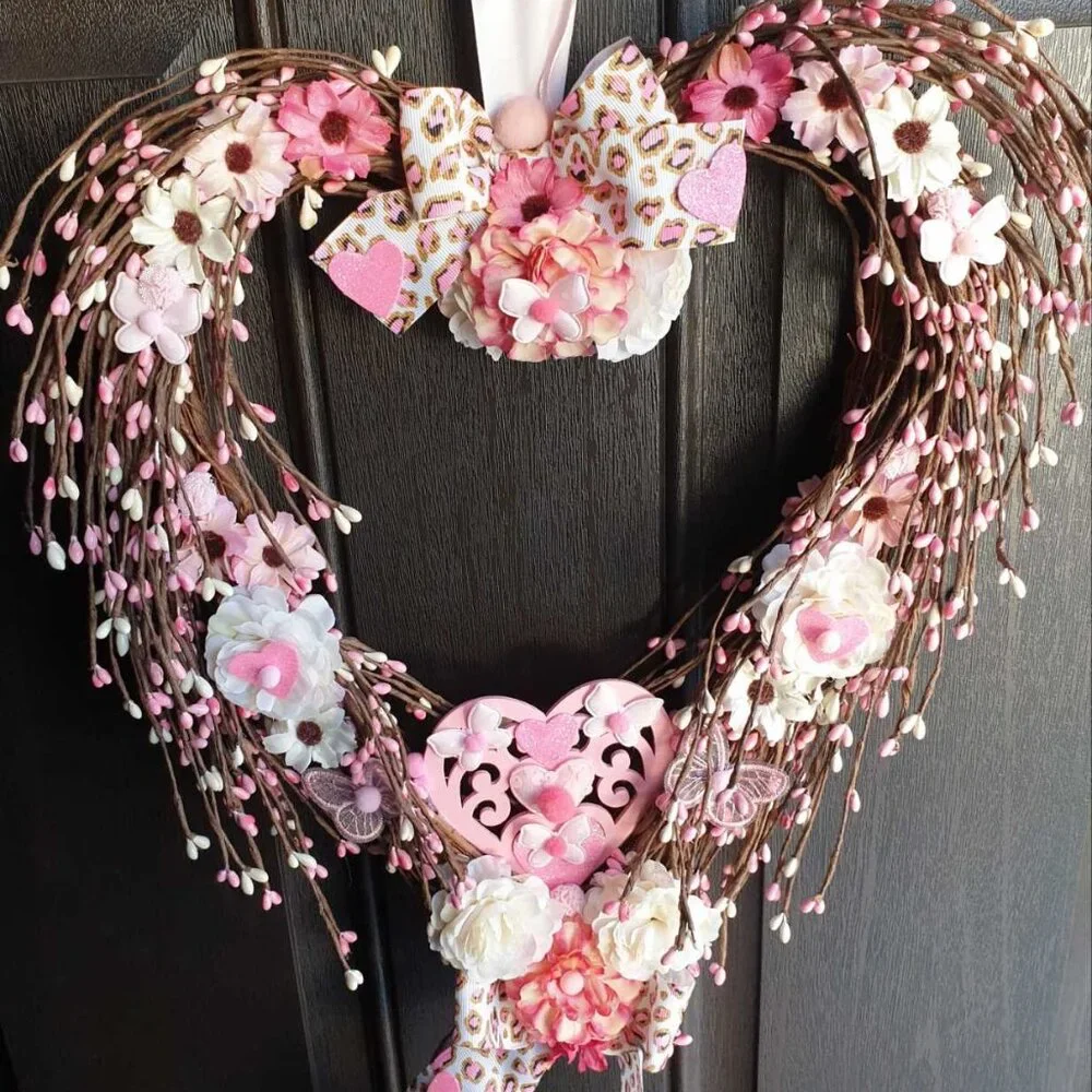 Valentine Day Heart Wreath Pink Roses Wall Hanger Door Home Office Decoration